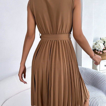 Tied Surplice Sleeveless Pleated Dress - MimiStylez