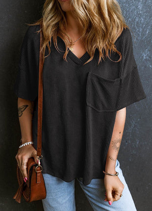 Textured V-Neck Dropped Shoulder T-Shirt - MimiStylez