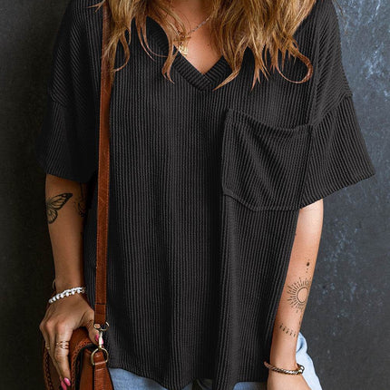 Textured V-Neck Dropped Shoulder T-Shirt - MimiStylez