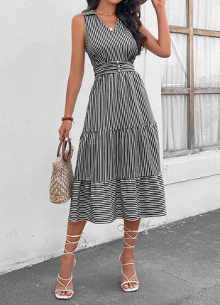 Striped Johnny Collar Sleeveless Midi Dress - MimiStylez