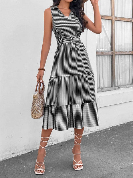Striped Johnny Collar Sleeveless Midi Dress - MimiStylez