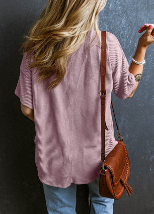 Textured V-Neck Dropped Shoulder T-Shirt - MimiStylez