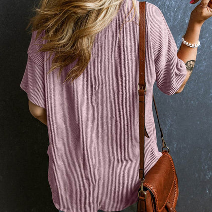 Textured V-Neck Dropped Shoulder T-Shirt - MimiStylez