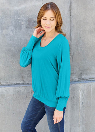 Basic Bae Full Size V-Neck Lantern Sleeve Blouse - MimiStylez