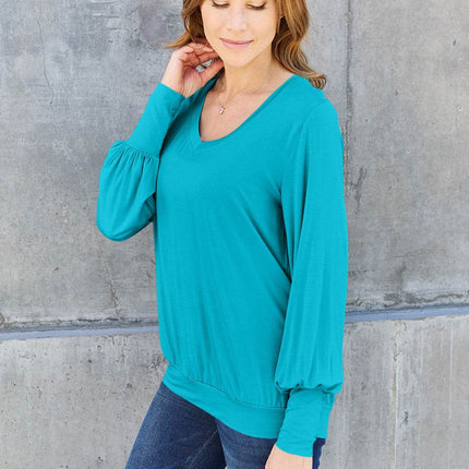 Basic Bae Full Size V-Neck Lantern Sleeve Blouse - MimiStylez