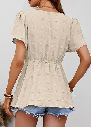 Swiss Dot Buttoned Petal Sleeve Peplum Blouse - MimiStylez