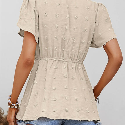 Swiss Dot Buttoned Petal Sleeve Peplum Blouse - MimiStylez