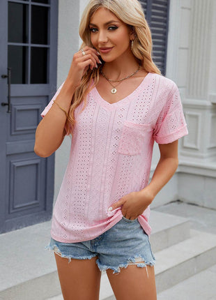 Eyelet V-Neck Short Sleeve T-Shirt - MimiStylez