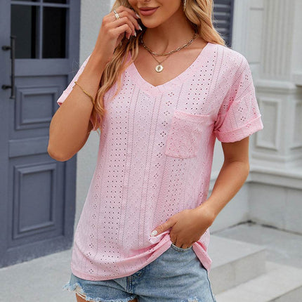Eyelet V-Neck Short Sleeve T-Shirt - MimiStylez