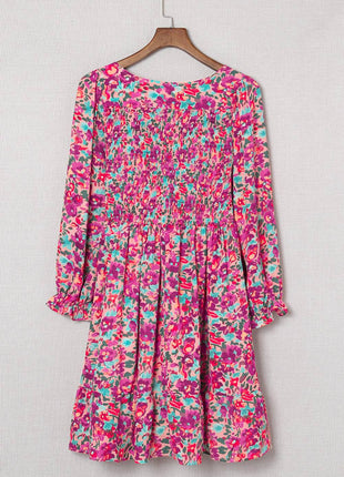 Floral Smocked V-Neck Flounce Sleeve Dress - MimiStylez