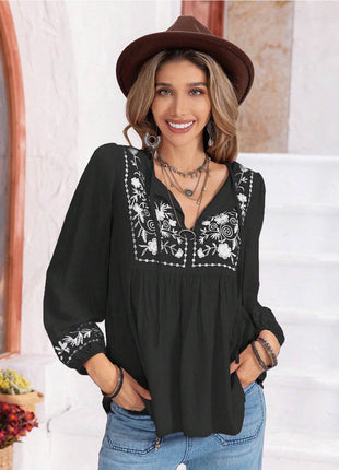 Floral Tie Neck Balloon Sleeve Blouse - MimiStylez