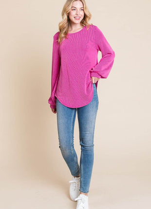 BOMBOM Long Sleeve Curved Hem Ribbed T-Shirt - MimiStylez