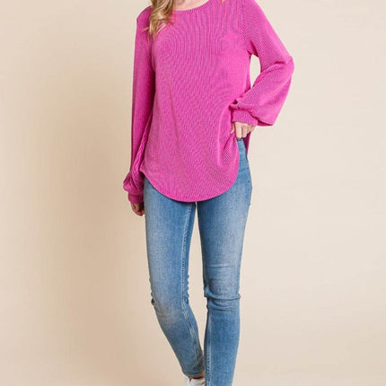 BOMBOM Long Sleeve Curved Hem Ribbed T-Shirt - MimiStylez