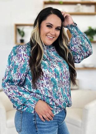 Double Take Full Size Printed Smocked Long Sleeve Blouse - MimiStylez