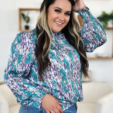 Double Take Full Size Printed Smocked Long Sleeve Blouse - MimiStylez
