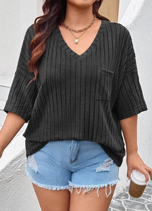 Plus Size V-Neck Ribbed Knit T-Shirt - MimiStylez