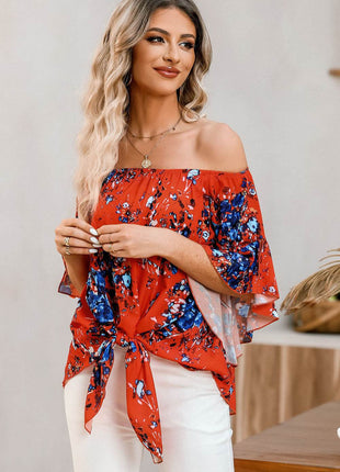 Tied Printed Off-Shoulder Half Sleeve Blouse - MimiStylez