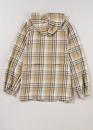 Drawstring Plaid Half Zip Raglan Sleeve Hoodie - MimiStylez
