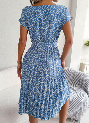 Ditsy Floral Pleated Belted Dress - MimiStylez