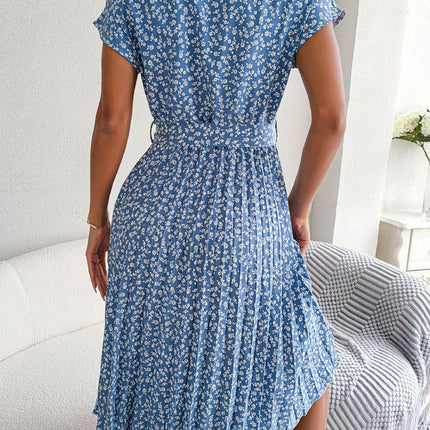 Ditsy Floral Pleated Belted Dress - MimiStylez