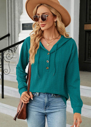 Drawstring Half Button Long Sleeve Hoodie - MimiStylez