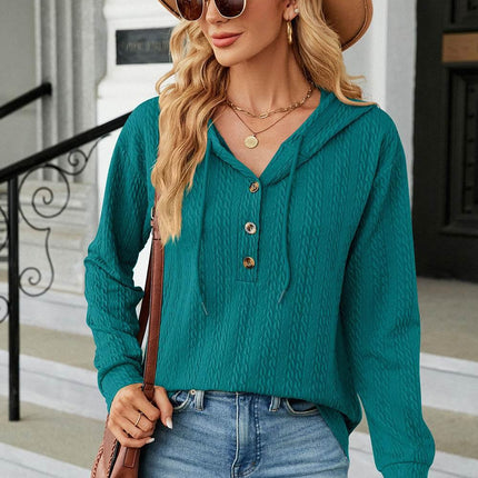 Drawstring Half Button Long Sleeve Hoodie - MimiStylez