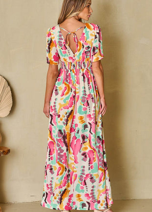 Slit Printed Surplice Short Sleeve Maxi Dress - MimiStylez