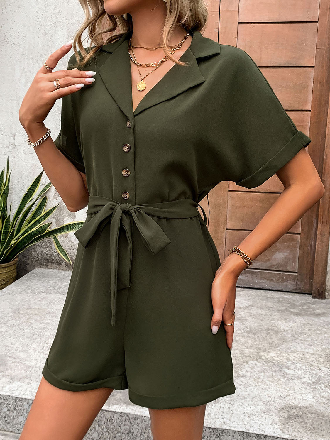 Half Button Tie Waist Short Sleeve Romper