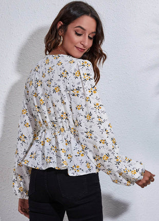 Floral V-Neck Balloon Sleeve Peplum Blouse - MimiStylez