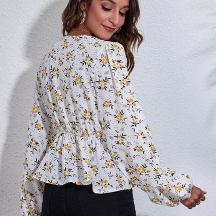 Floral V-Neck Balloon Sleeve Peplum Blouse - MimiStylez