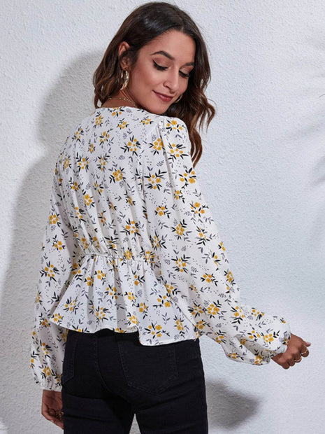 Floral V-Neck Balloon Sleeve Peplum Blouse - MimiStylez