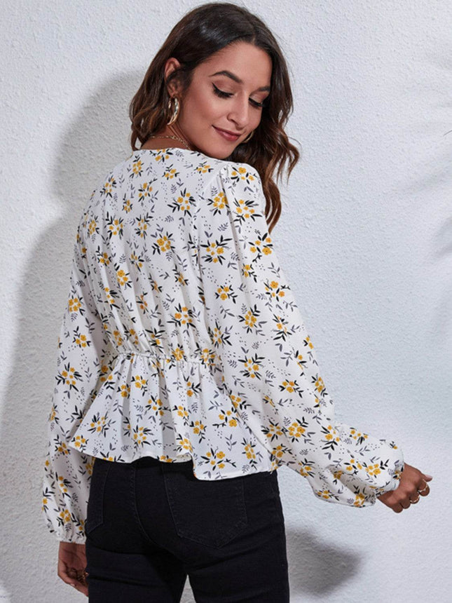 Floral V-Neck Balloon Sleeve Peplum Blouse - MimiStylez