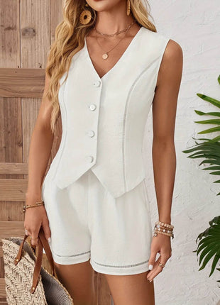 Button Up Vest and Shorts Set - MimiStylez