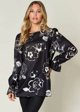 Double Take Full Size Printed Flounce Sleeve Blouse - MimiStylez