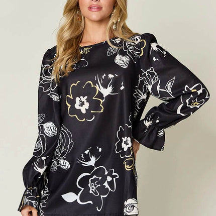 Double Take Full Size Printed Flounce Sleeve Blouse - MimiStylez
