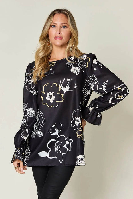Double Take Full Size Printed Flounce Sleeve Blouse - MimiStylez