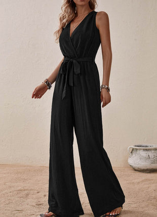 Tied Surplice Sleeveless Wide Leg Jumpsuit - MimiStylez