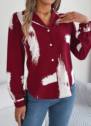 Printed Collared Neck Button Up Shirt - MimiStylez