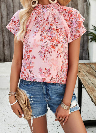 Printed Ruffled Mock Neck Blouse - MimiStylez