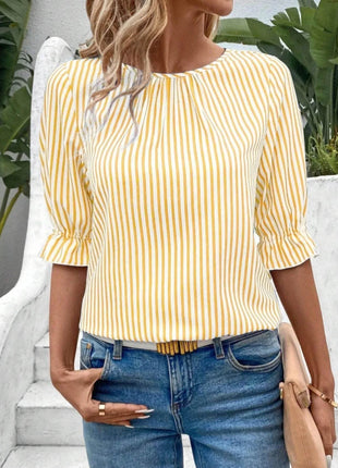 Striped Round Neck Half Sleeve Casual Blouse - MimiStylez