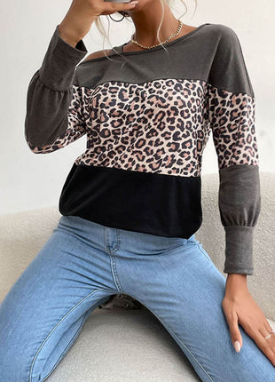 Leopard Print Color Block Cold Shoulder Top - MimiStylez