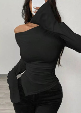 Asymmetrical Long Sleeve Fitted T-Shirt - MimiStylez