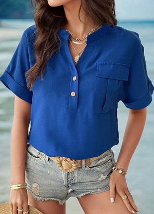 Buttoned Notched Short Sleeve Blouse - MimiStylez