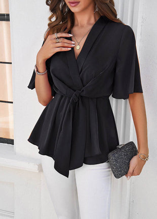 Surplice Tie Waist Half Sleeve Blouse - MimiStylez
