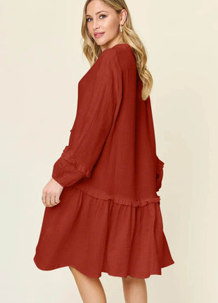 Double Take Full Size Texture Half Button Ruffle Trim Dress - MimiStylez