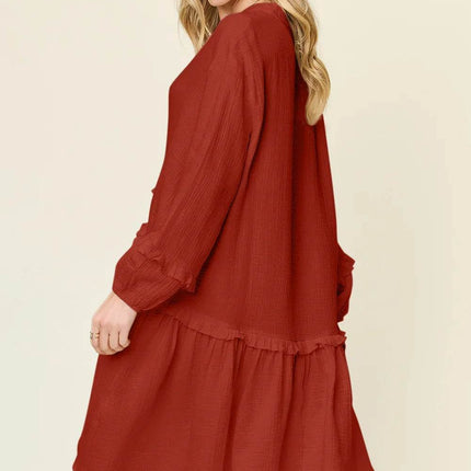 Double Take Full Size Texture Half Button Ruffle Trim Dress - MimiStylez