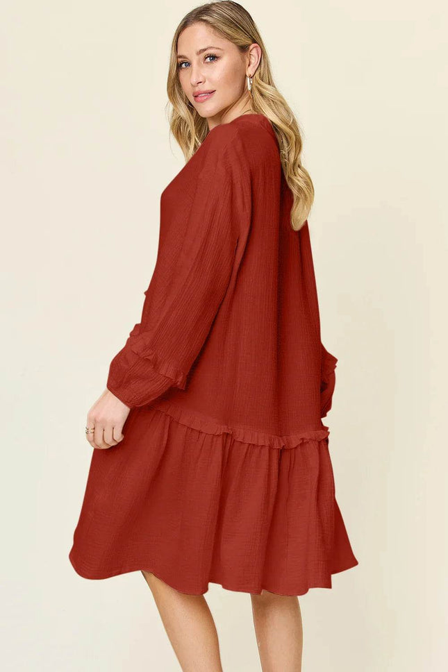 Double Take Full Size Texture Half Button Ruffle Trim Dress - MimiStylez