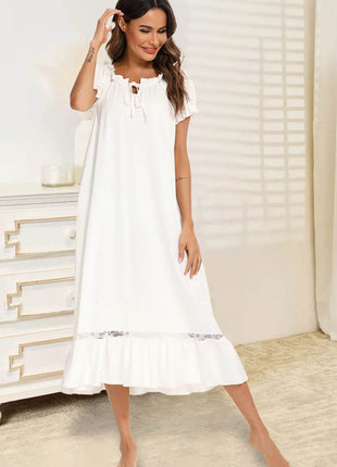 Lace Detail Short Sleeve Lounge Dress - MimiStylez