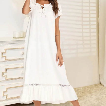 Lace Detail Short Sleeve Lounge Dress - MimiStylez