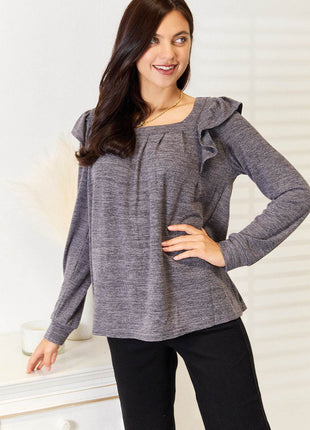 Double Take Square Neck Ruffle Shoulder Long Sleeve T-Shirt - MimiStylez